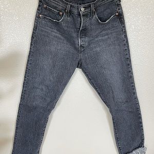 Levi 501 Skinny’s. Black denim. Raw edge hem.